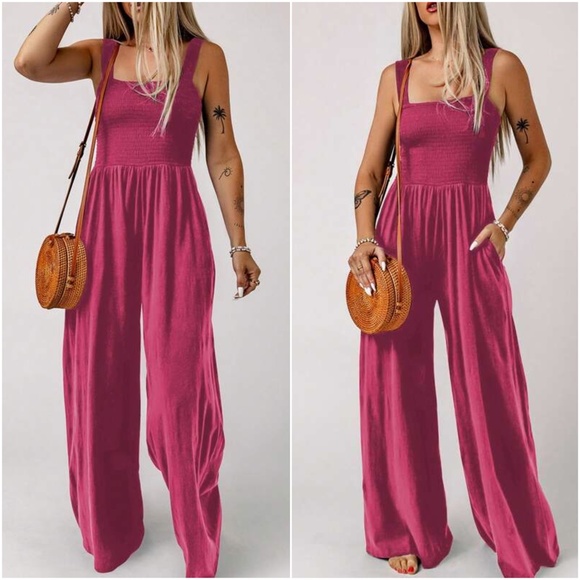 Boho Smocked Pocket Wide leg Cami Jumpsuit - Picture 3 of 5